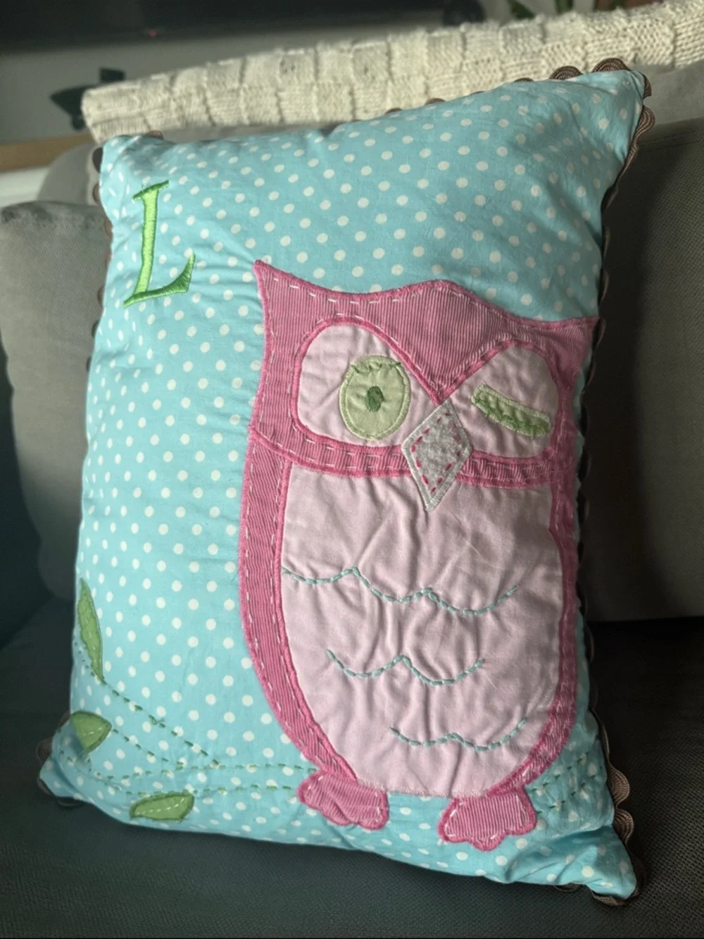 Pottery Barb Kids Owl Throw Pillow pastels embroidered patchwork scalloped pink